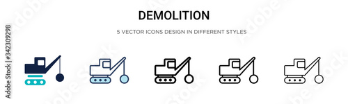 Demolition icon in filled, thin line, outline and stroke style. Vector illustration of two colored and black demolition vector icons designs can be used for mobile, ui, web