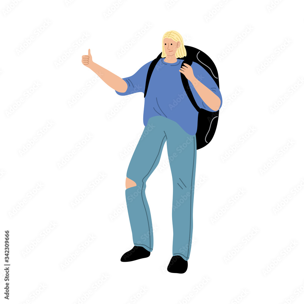 Woman traveler with backpack standing and hitch-hiking Woman traveler with backpack standing and hitch-hiking