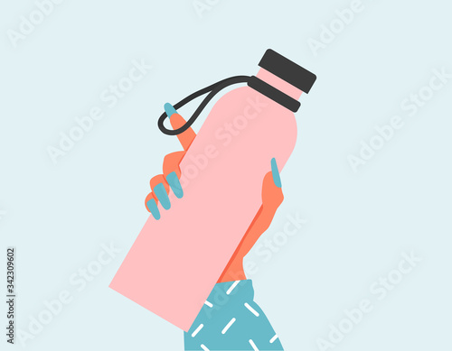 Closeup Woman holding a reusable water bottle. World Environment day and Earth day concept. Empty Glass bottle in woman hand. Zero waste flat illustration. Woman hand holding a drinking water bottles.