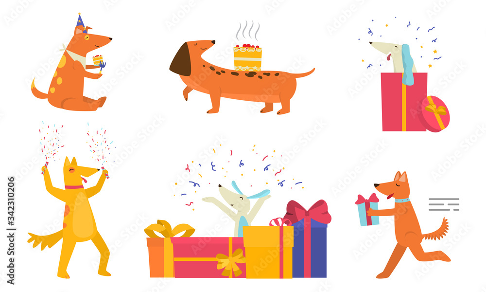 Set of happy dogs celebrating holiday vector illustration Set of happy dogs celebrating holiday vector illustration