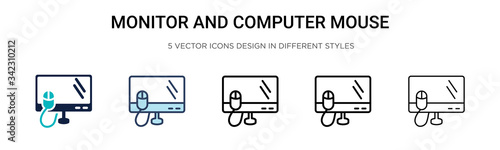 Monitor and computer mouse icon in filled, thin line, outline and stroke style. Vector illustration of two colored and black monitor and computer mouse vector icons designs can be used for mobile,