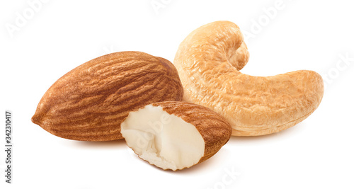 Cashew and almond nuts isolated on white background. Package design element with clipping path