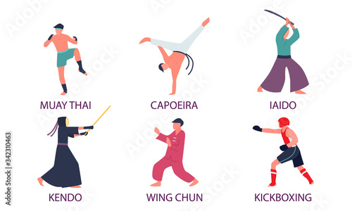 Men practicing different kinds of asian martial arts with titles