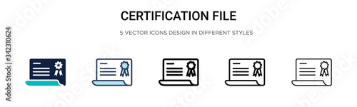 Certification file icon in filled, thin line, outline and stroke style. Vector illustration of two colored and black certification file vector icons designs can be used for mobile, ui, web