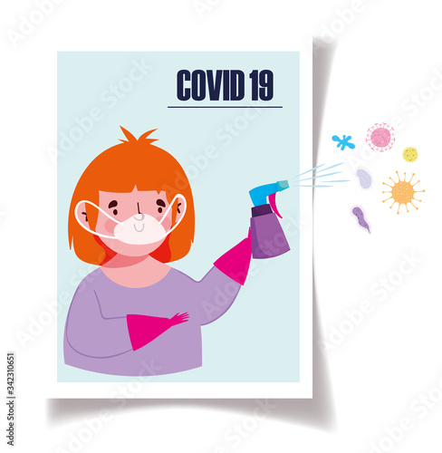covid 19 coronavirus, boy with mask and disinfectant spray