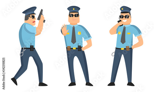 The police officer in black sunglasses standing in different poses with gun and walkie-talkie. Vector illustration in cartoon style