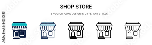 Shop store icon in filled, thin line, outline and stroke style. Vector illustration of two colored and black shop store vector icons designs can be used for mobile, ui, web