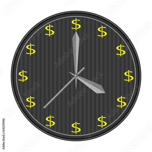 Time is money concept, watch dial with dollar icons, isolated, business principal, vector illustration.