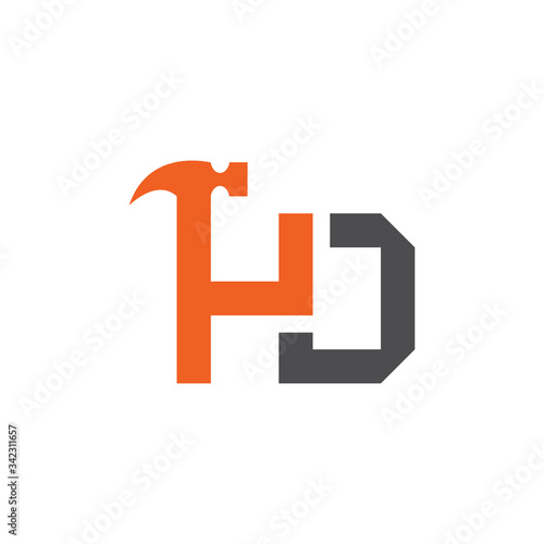 Letter HD with with hammer renovation, building services, repair, construction logo design template. Orange and Grey color icon.  Isolated on white background. Vector illustration in eps 10. 