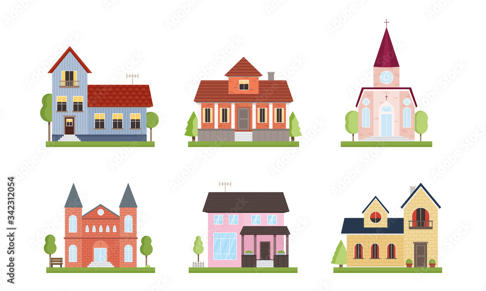 Set of different country houses with garden trees. Vector illustration in flat cartoon style.