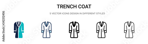Trench coat icon in filled, thin line, outline and stroke style. Vector illustration of two colored and black trench coat vector icons designs can be used for mobile, ui, web