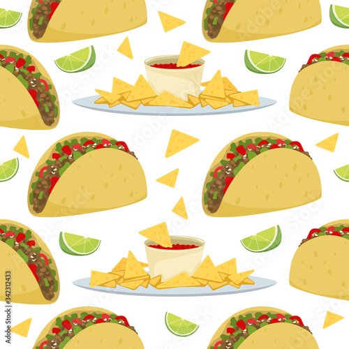 Seamless pattern of Mexican traditional food - taco and nachos with sauce, snack for a party, chips with tortilla. Vector