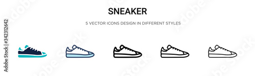 Sneaker icon in filled, thin line, outline and stroke style. Vector illustration of two colored and black sneaker vector icons designs can be used for mobile, ui, web