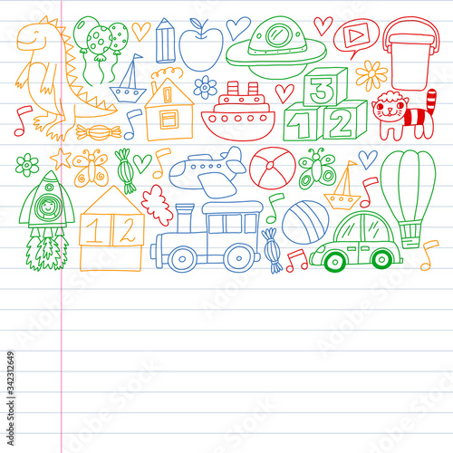 Kindergarten preschool school children. Kids drawing style vector pattern. Play grow learn together.