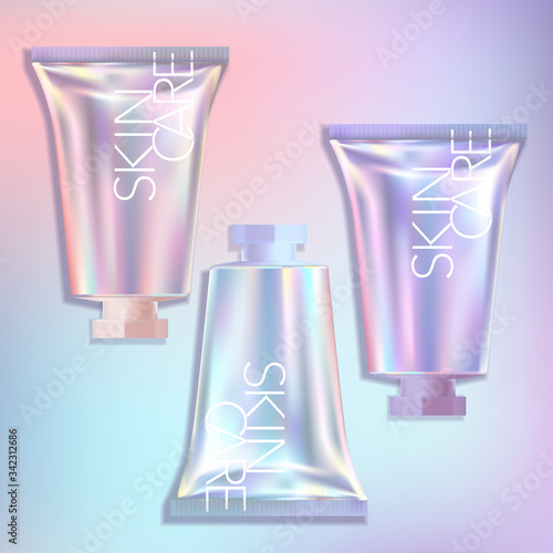 Vector Short Holographic Tube Hand Cream CC Cream Foundation Beauty Makeup Skincare Medical Medicated Repair Cream Unicorn Mermaid Theme Sweet Girl Packaging