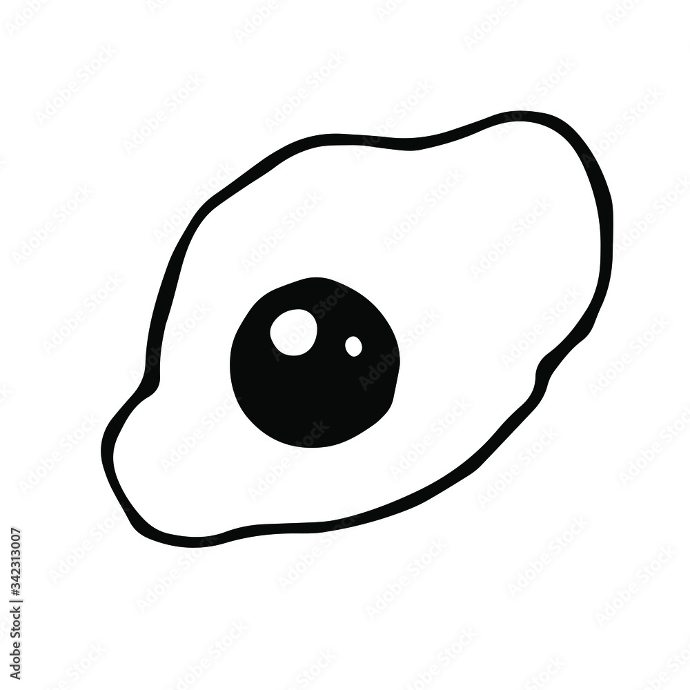Obraz premium Fried eggs vector illustration in black and white. Isolated on a white background, drawn in Doodle style. Packaging, menu, print on fabric.