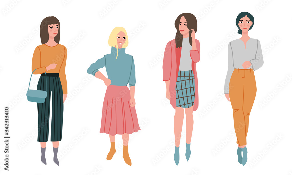 Set of different beautiful young women in fashionable clothes. Vector illustration in flat cartoon style Set of different beautiful young women in fashionable clothes. Vector illustration in flat cartoon style
