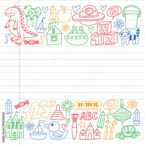 Kindergarten preschool school children. Kids drawing style vector pattern. Play grow learn together.