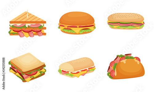 Set of delicious juicy sandwiches filled with vegetables, cheese, meat, bacon. Vector illustration in flat cartoon style