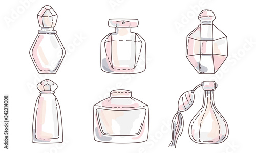 Set of transparent perfume bottles in different shapes. Vector illustration in flat cartoon style