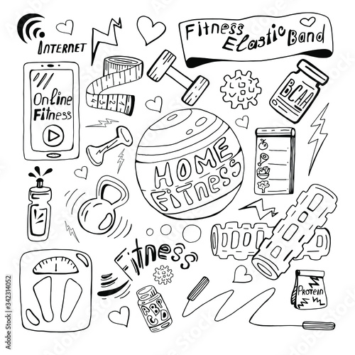 Vector set for home fitness in the context of the pandemic. Everything that would make a and maintain health. Isolated on a white background. For a fitness blog
