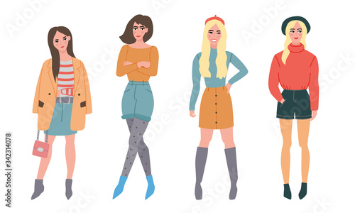 Set of different beautiful young women in fashionable sexy clothes. Vector illustration in flat cartoon style