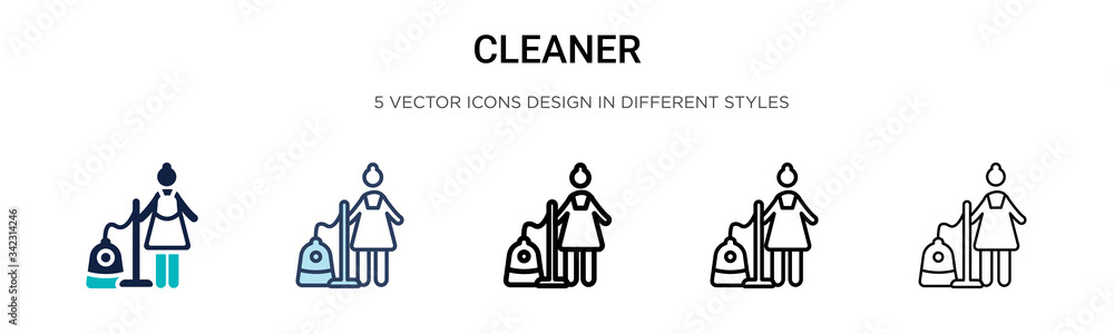 Cleaner icon in filled, thin line, outline and stroke style. Vector illustration of two colored and black cleaner vector icons designs can be used for mobile, ui, web