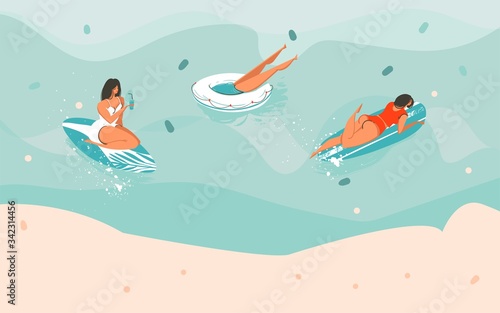 Hand drawn vector stock abstract graphic illustration with a girl and rubber rings,surfers in ocean and Copy Space place for your typography isolated on colored background
