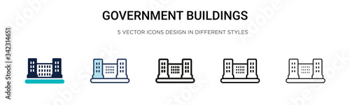 Government buildings icon in filled, thin line, outline and stroke style. Vector illustration of two colored and black government buildings vector icons designs can be used for mobile, ui, web