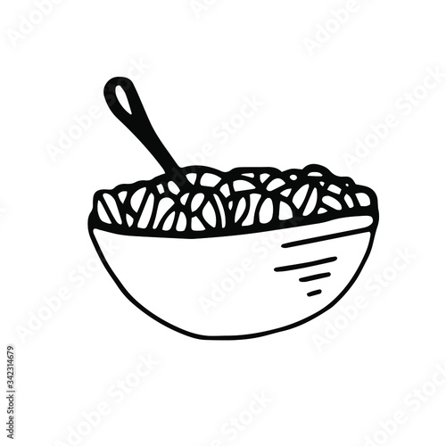 Cereal porridge in a large plate with a spoon. Vector illustration in Doodle style. Black outline, isolated image on a white background. For menu design, printed products.