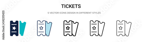 Tickets icon in filled, thin line, outline and stroke style. Vector illustration of two colored and black tickets vector icons designs can be used for mobile, ui, web