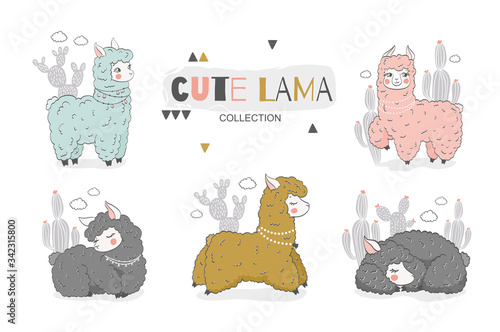 Cute cartoon lama animal characters collection. Hand drawn vector illustration