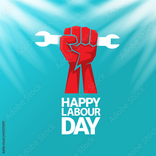 1 may Happy labour day vector label with strong protest fist in the air on blue sky background with rays. vector happy labor day background or banner with man hand. workers may day poster