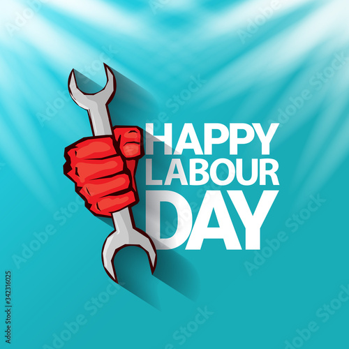 1 may Happy labour day vector label with strong protest fist in the air on blue sky background with rays. vector happy labor day background or banner with man hand. workers may day poster