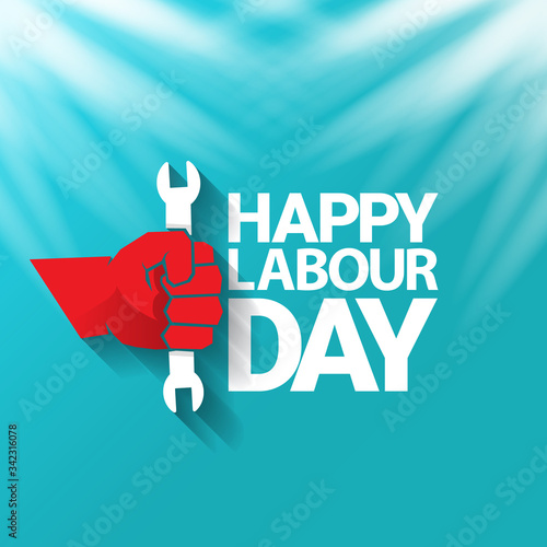 1 may Happy labour day vector label with strong protest fist in the air on blue sky background with rays. vector happy labor day background or banner with man hand. workers may day poster