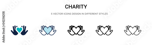 Charity icon in filled, thin line, outline and stroke style. Vector illustration of two colored and black charity vector icons designs can be used for mobile, ui, web
