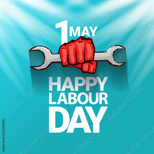 1 may Happy labour day vector label with strong protest fist in the air on blue sky background with rays. vector happy labor day background or banner with man hand. workers may day poster