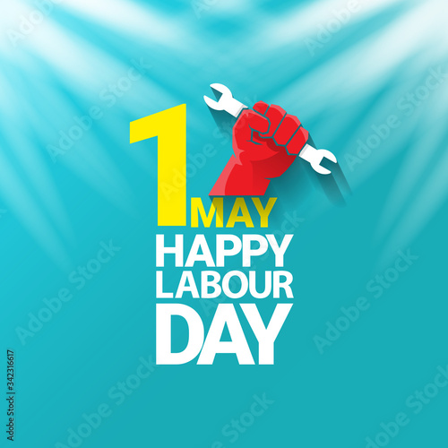 1 may Happy labour day vector label with strong protest fist in the air on blue sky background with rays. vector happy labor day background or banner with man hand. workers may day poster