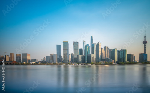 Panorama view of Lujiazui, the financial district in Pudong, Shanghai, China.