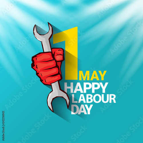 1 may Happy labour day vector label with strong protest fist in the air on blue sky background with rays. vector happy labor day background or banner with man hand. workers may day poster