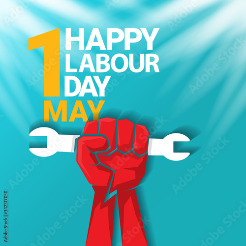 1 may Happy labour day vector label with strong protest fist in the air on blue sky background with rays. vector happy labor day background or banner with man hand. workers may day poster