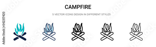 Campfire icon in filled, thin line, outline and stroke style. Vector illustration of two colored and black campfire vector icons designs can be used for mobile, ui, web
