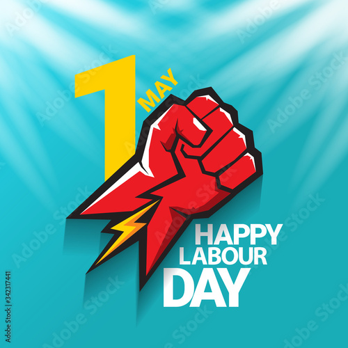 1 may Happy labour day vector label with strong protest fist in the air on blue sky background with rays. vector happy labor day background or banner with man hand. workers may day poster