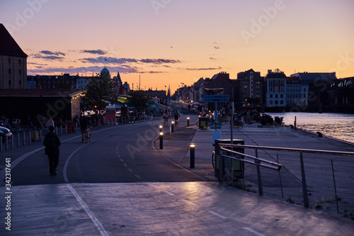 Photography Bicycle path in Copenhagen during sunset. Denmark.
