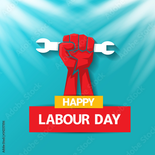 1 may Happy labour day vector label with strong protest fist in the air on blue sky background with rays. vector happy labor day background or banner with man hand. workers may day poster