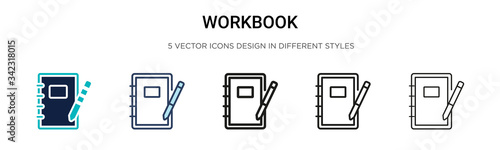 Workbook icon in filled, thin line, outline and stroke style. Vector illustration of two colored and black workbook vector icons designs can be used for mobile, ui, web photo