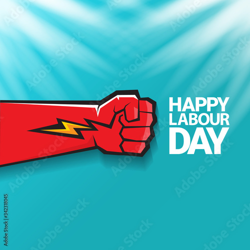1 may Happy labour day vector label with strong protest fist in the air on blue sky background with rays. vector happy labor day background or banner with man hand. workers may day poster