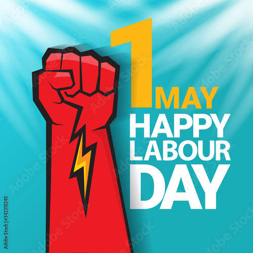 1 may Happy labour day vector label with strong protest fist in the air on blue sky background with rays. vector happy labor day background or banner with man hand. workers may day poster