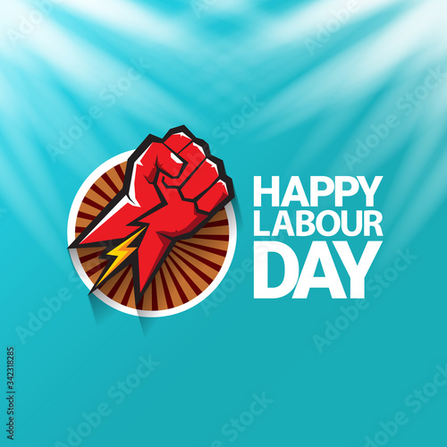 1 may Happy labour day vector label with strong protest fist in the air on blue sky background with rays. vector happy labor day background or banner with man hand. workers may day poster