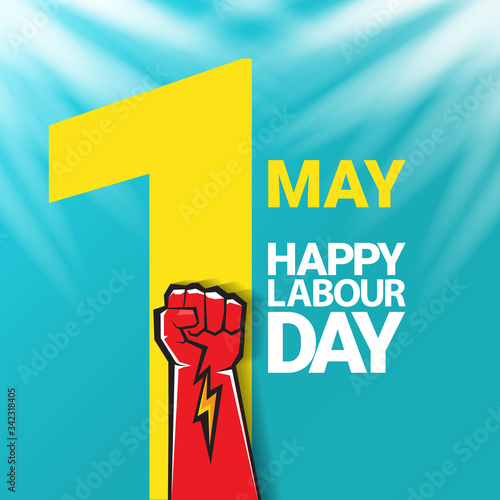 1 may Happy labour day vector label with strong protest fist in the air on blue sky background with rays. vector happy labor day background or banner with man hand. workers may day poster